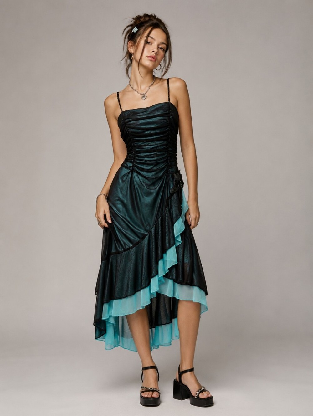 Vintage Y2K Mariposa Sheer Ruffle Dress Size M Ruched Jewelled 90s Midi